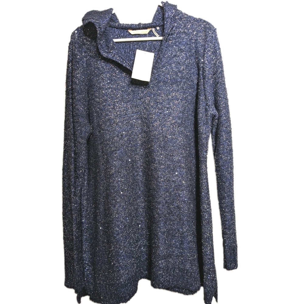 Soft Surroundings Sweater Tunic Women XL Blue Hooded Sequin Metallic Knit NWT